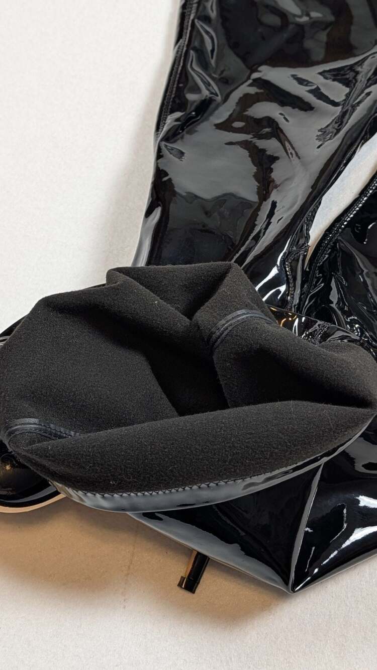 Black Patent Leatherette Over-The-Knee Pointy Toe Stiletto High Heel Boots - Picture 8 of 12